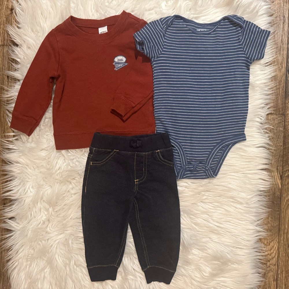 Carter’s Baby Boy 3 Piece Outfit 9M Sweatshirt Bodysuit Jogger Set